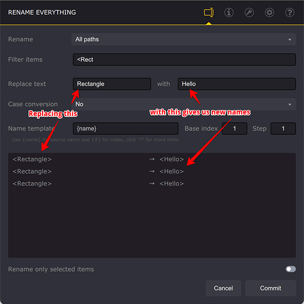 Replacing text in items names for renaming in Ai Toolbox