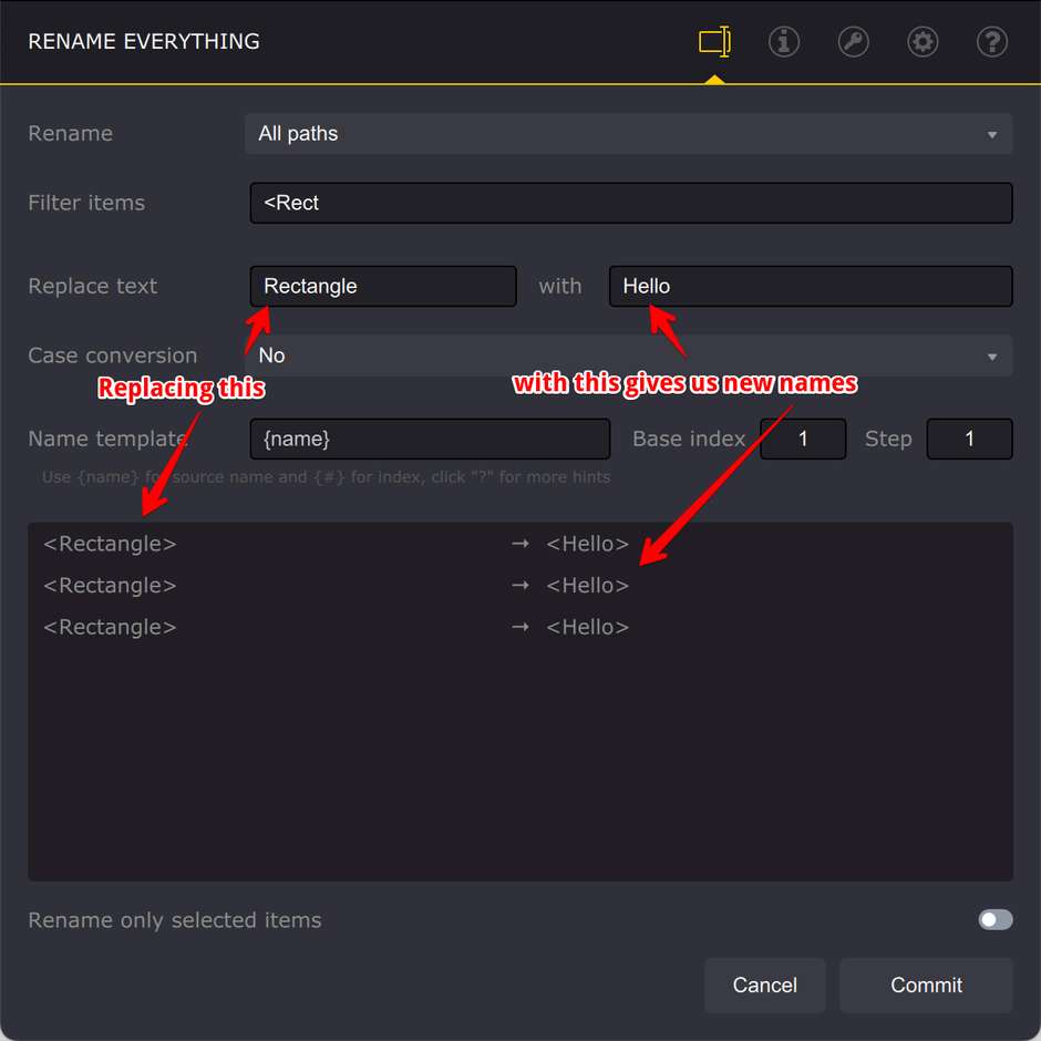Replacing text in items names for renaming in Ai Toolbox