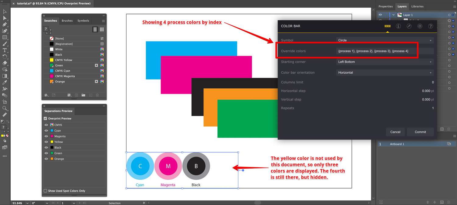 Showing all the available process colors