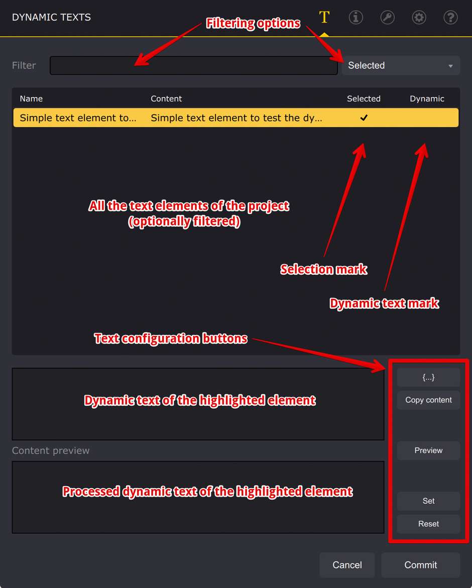 Dynamic texts plugin user interface explained