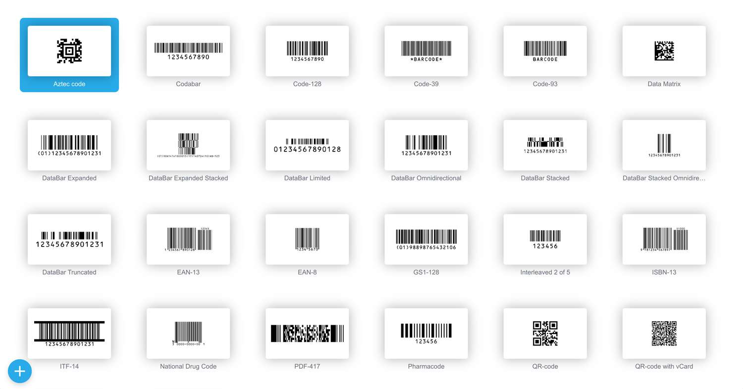Barcode symbols supported by the barcode generator
