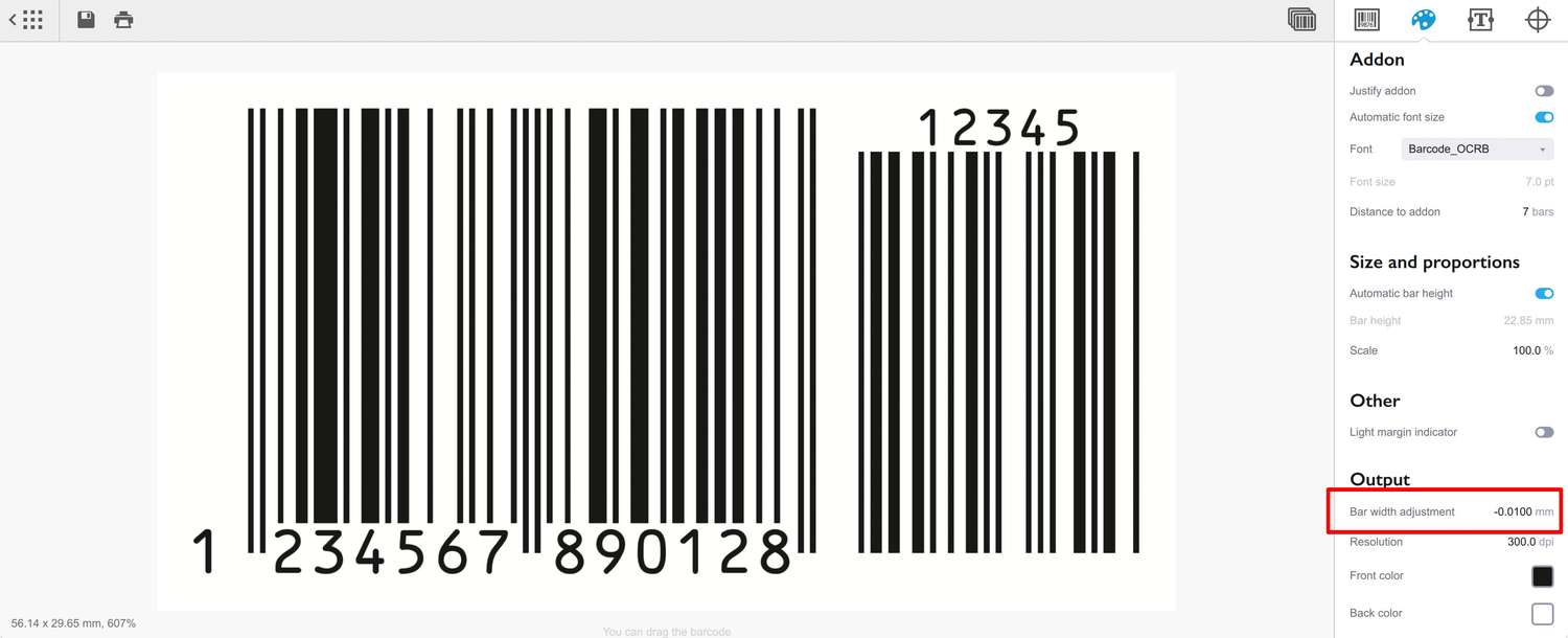 Adjusting bar width reduction in Barcode
