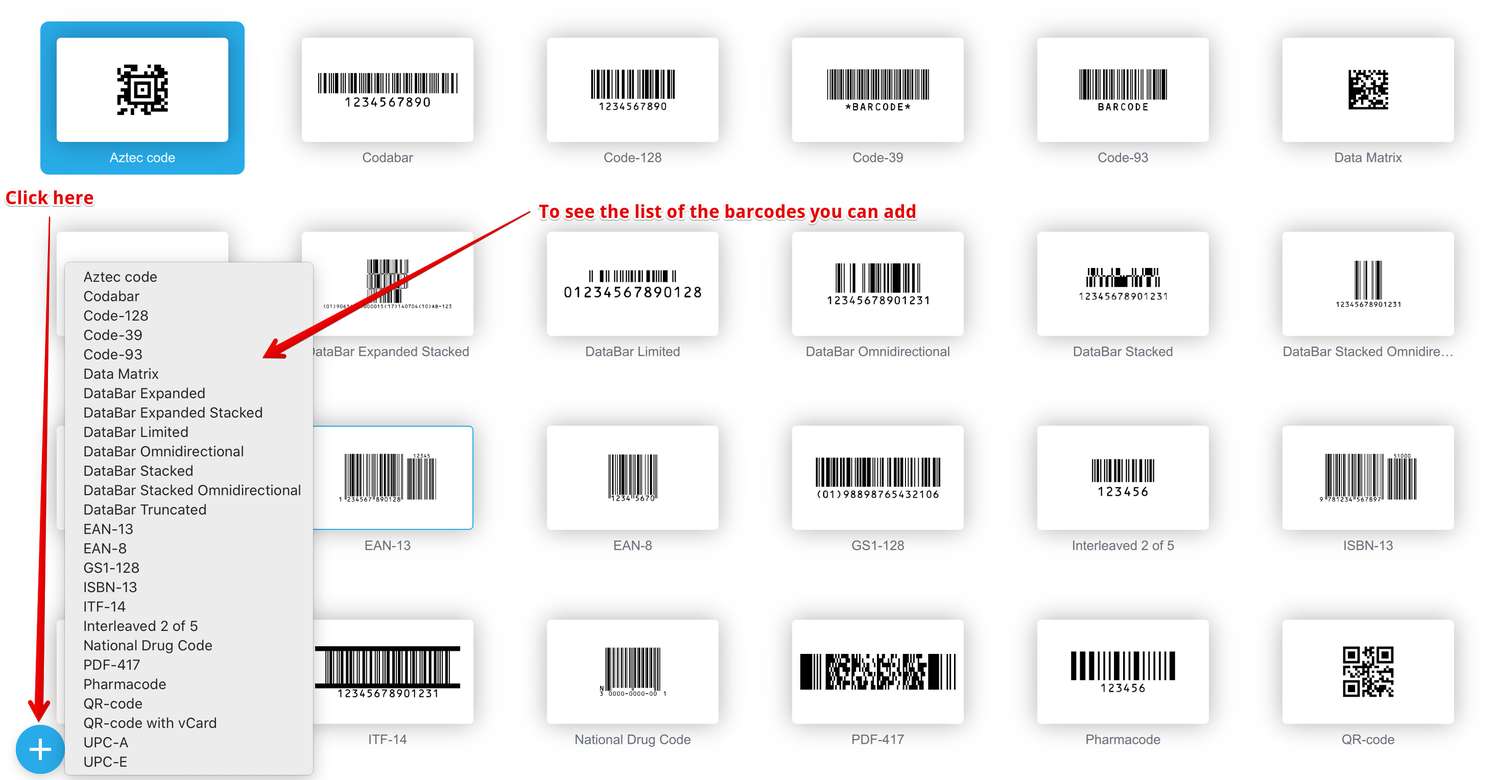 Clicking the Plus button opens a popup menu with all the barcode symbologies you can add