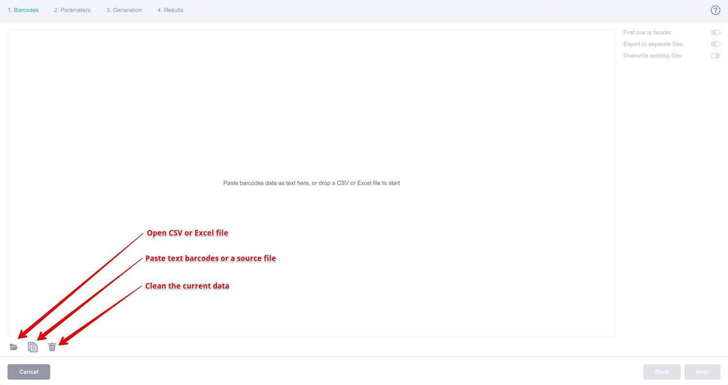 On the first step of the batch barcode generator we provide the source data for the barcodes