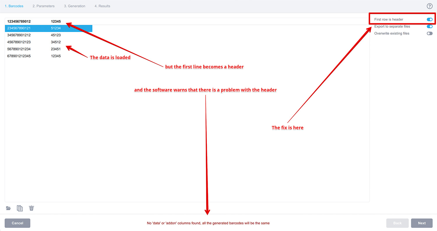 Data pasted to the batch window of the barcode generator
