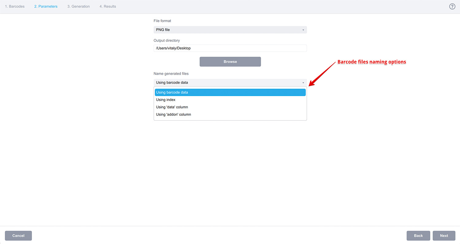 Barcode files naming options