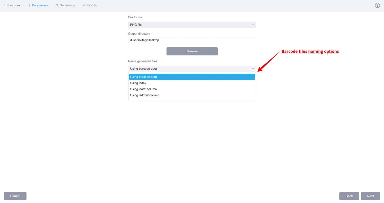 Barcode files naming options
