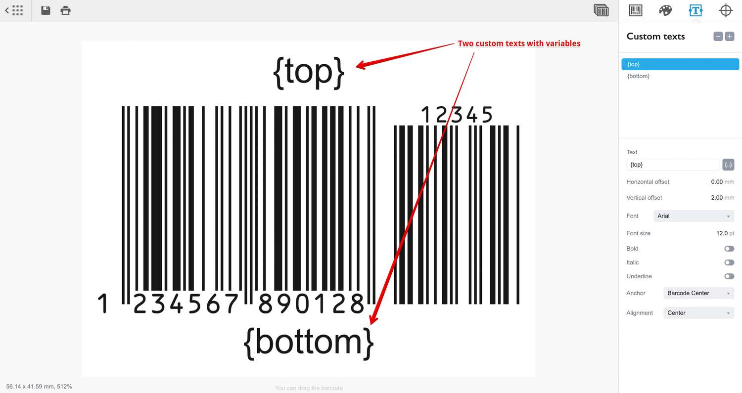 Two custom text variables added to the barcode design