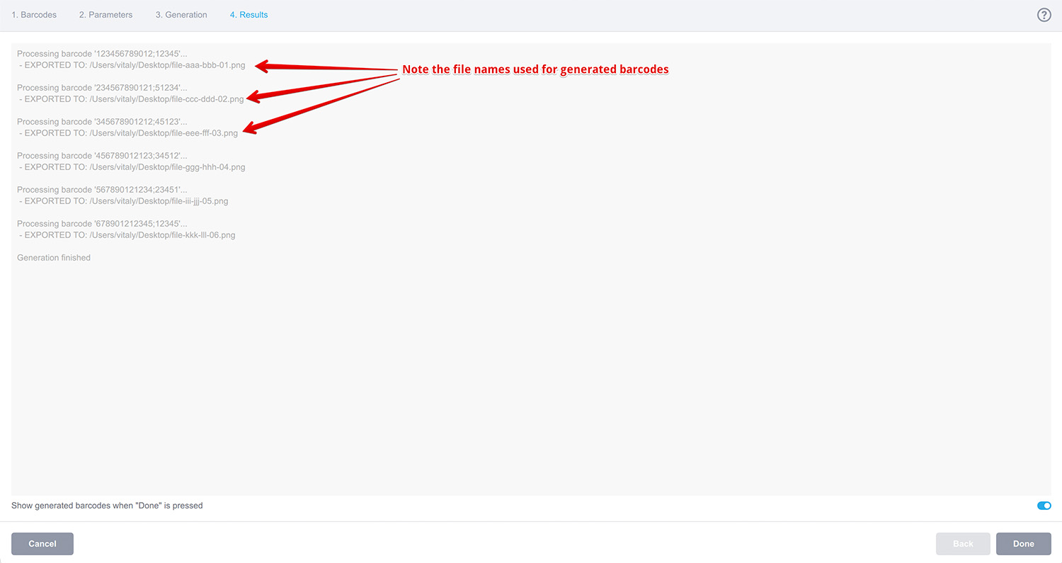 Generated barcode file names in the log