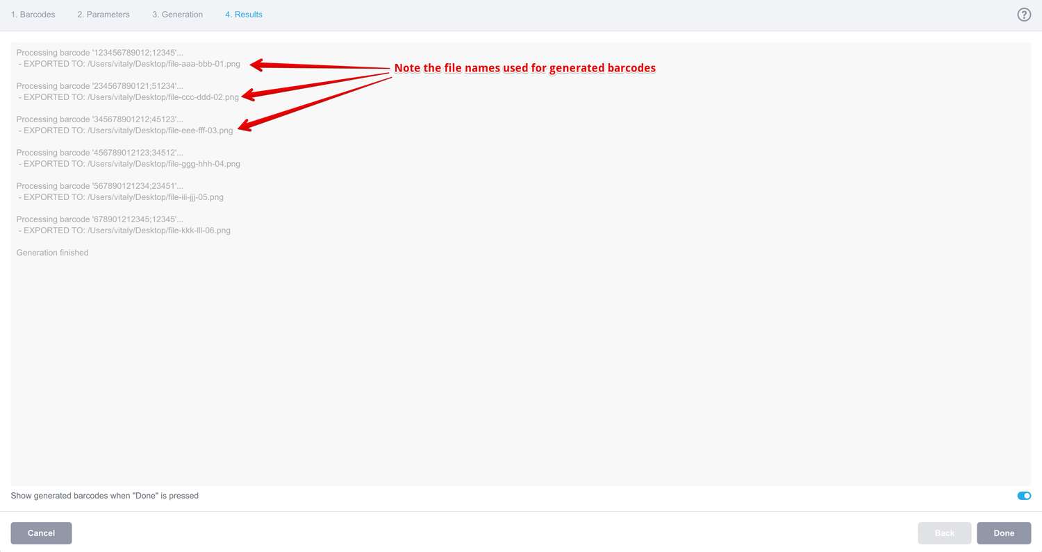 Generated barcode file names in the log