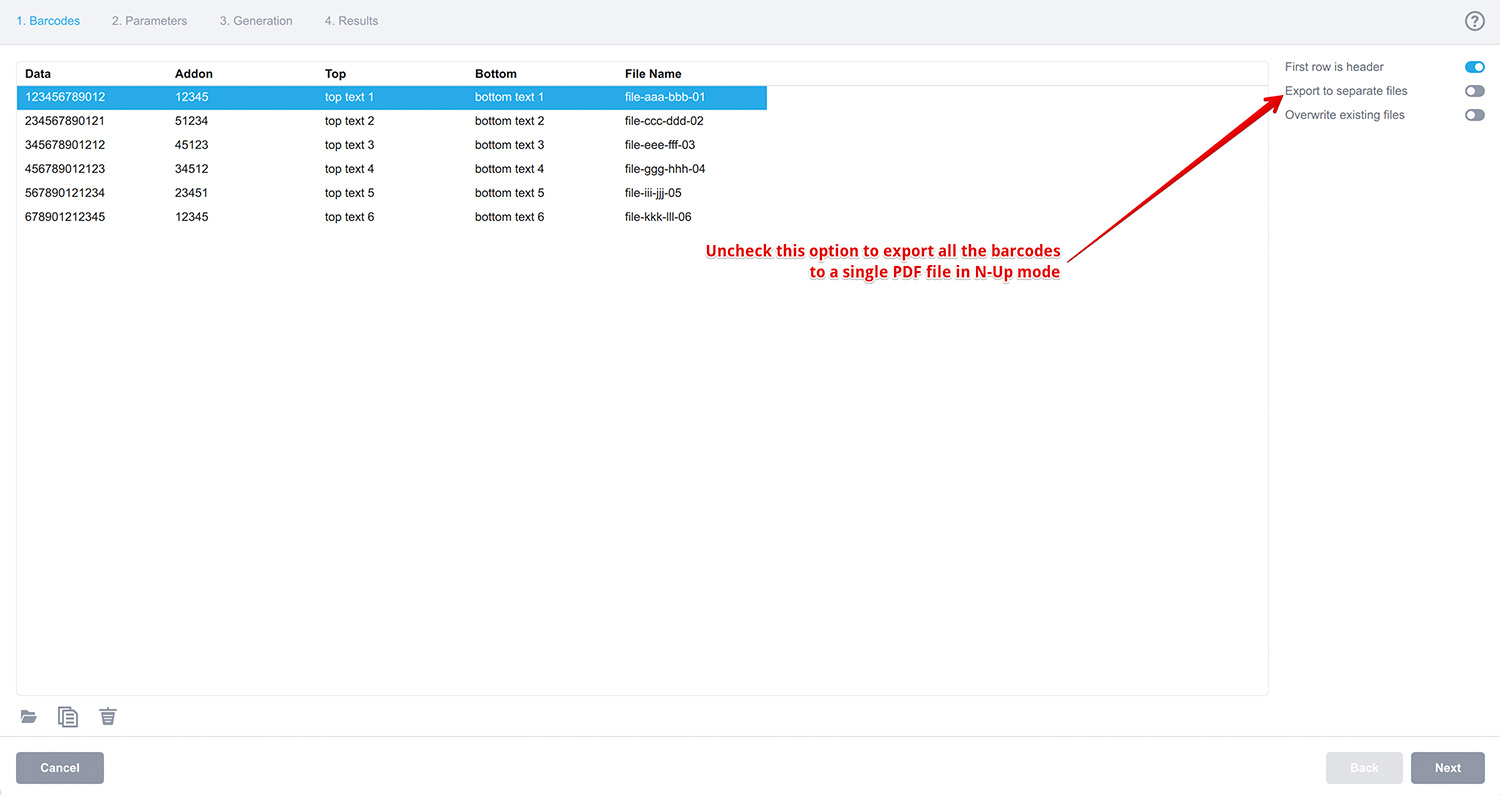 We can output the barcodes into a single PDF file if we uncheck the box at the bottom