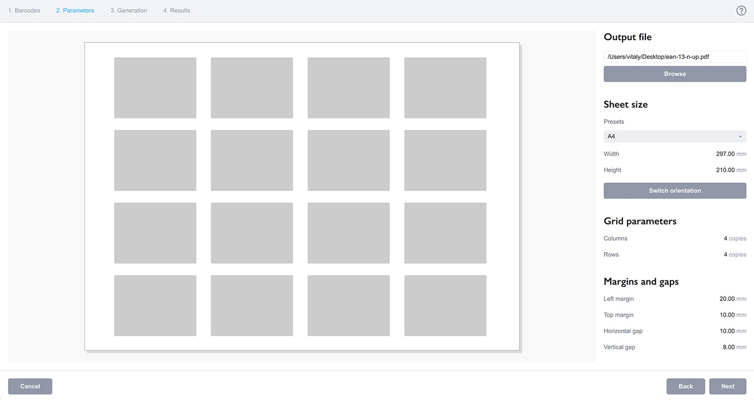 Single-file output offers more parameters to configure a grid of barcodes