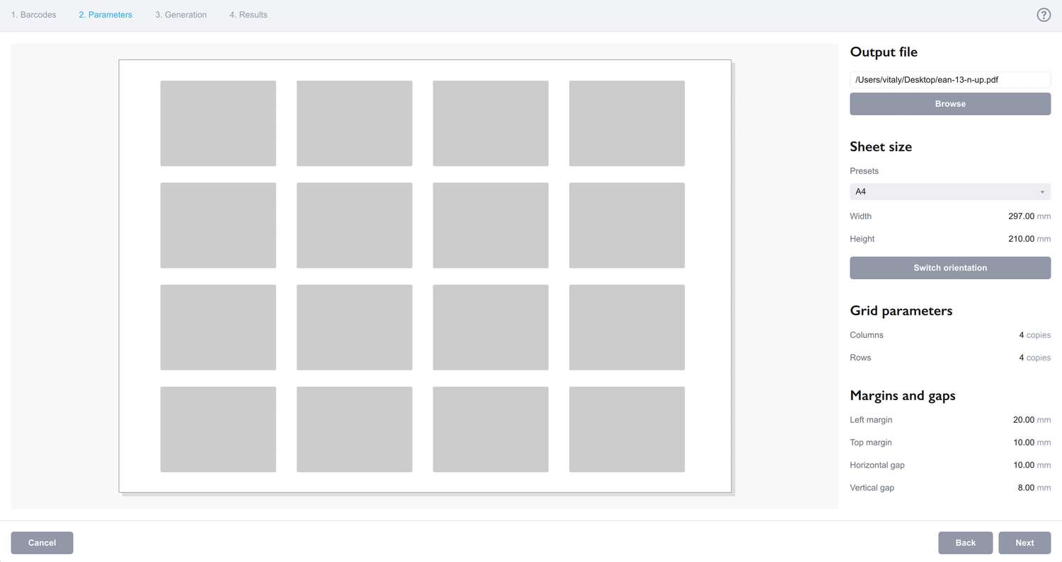Single-file output offers more parameters to configure a grid of barcodes