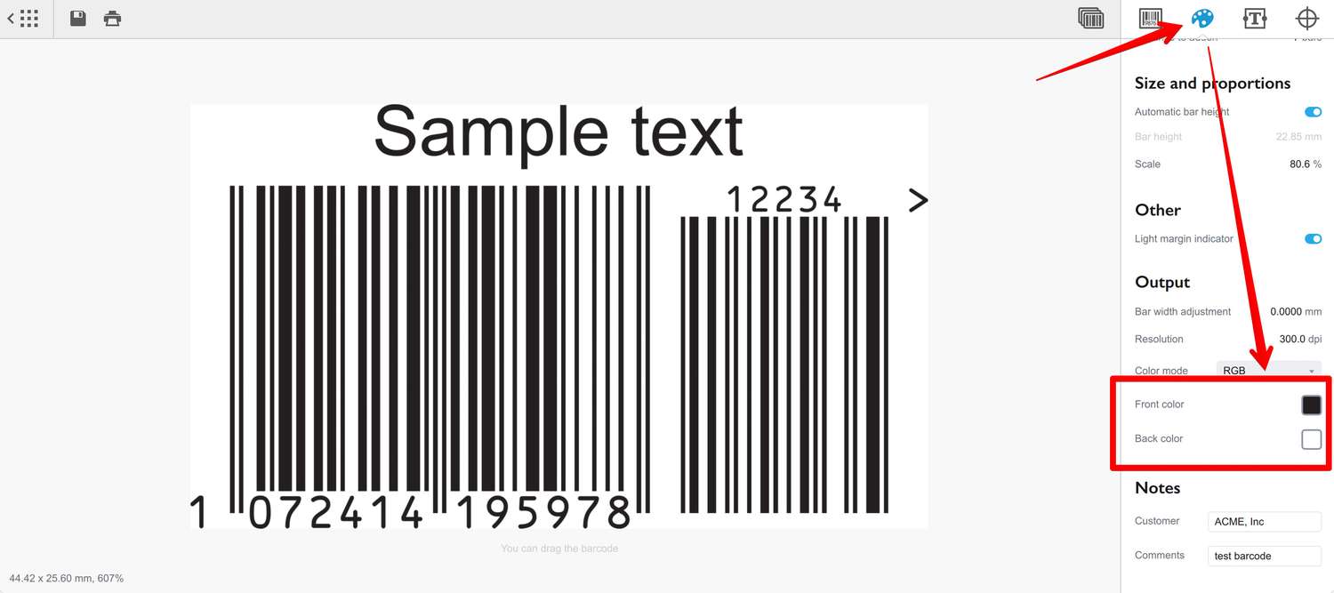 Front and back color pickers in Barcode