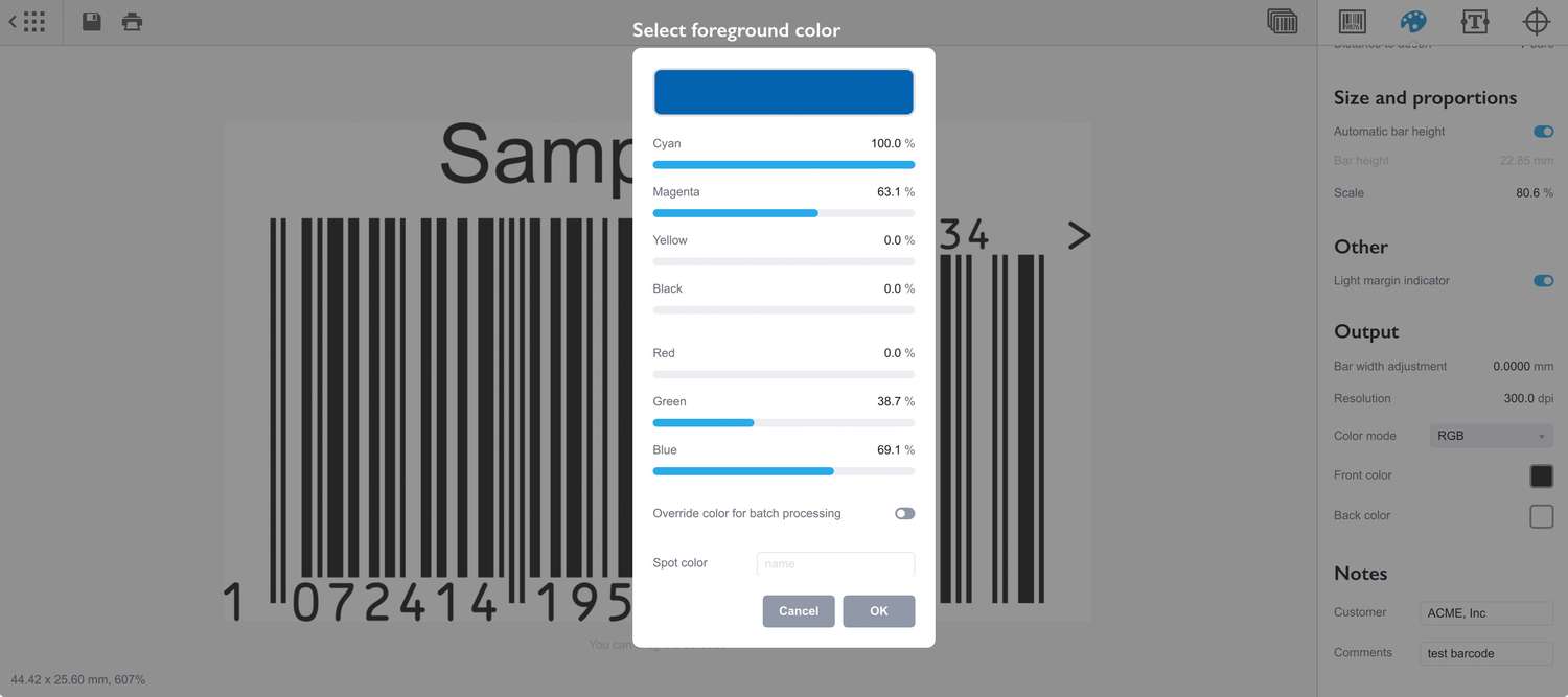 Front color picker with the barcode color configured