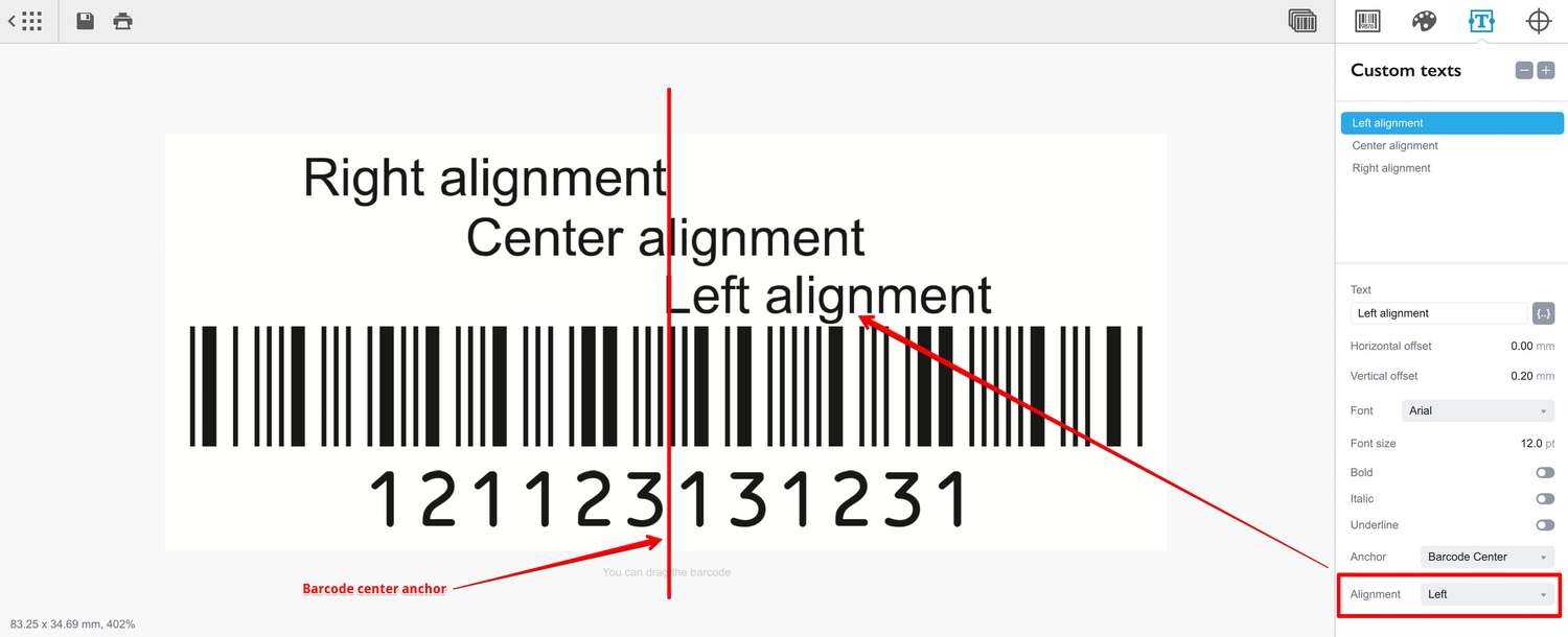Two text elements with center anchor in Barcode