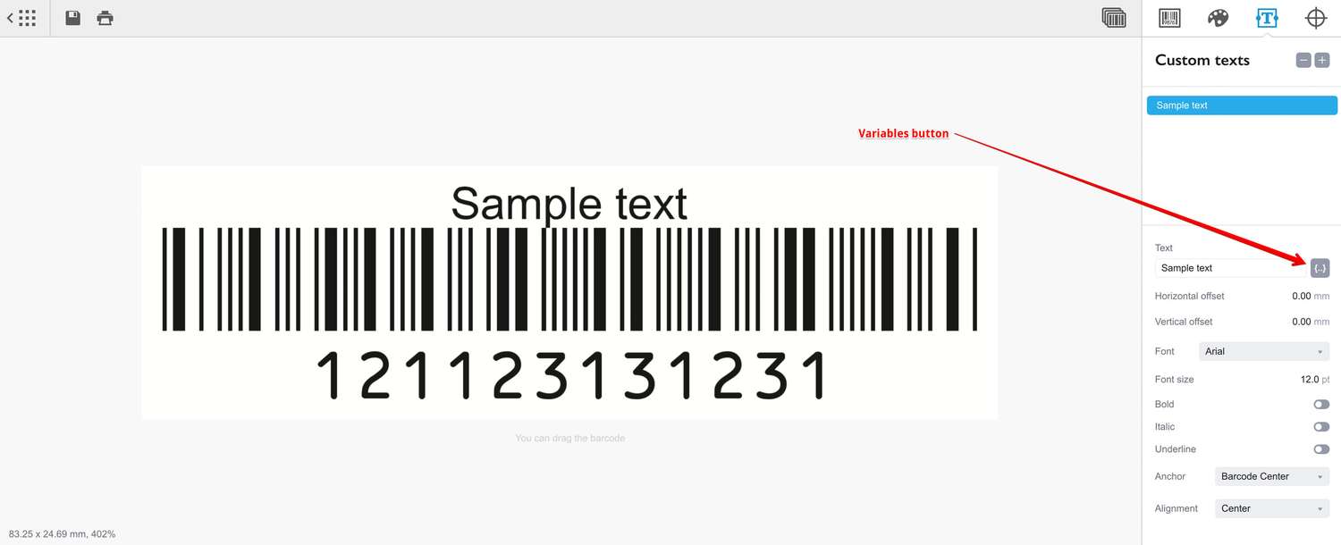 Variables button next to the text field in Barcode