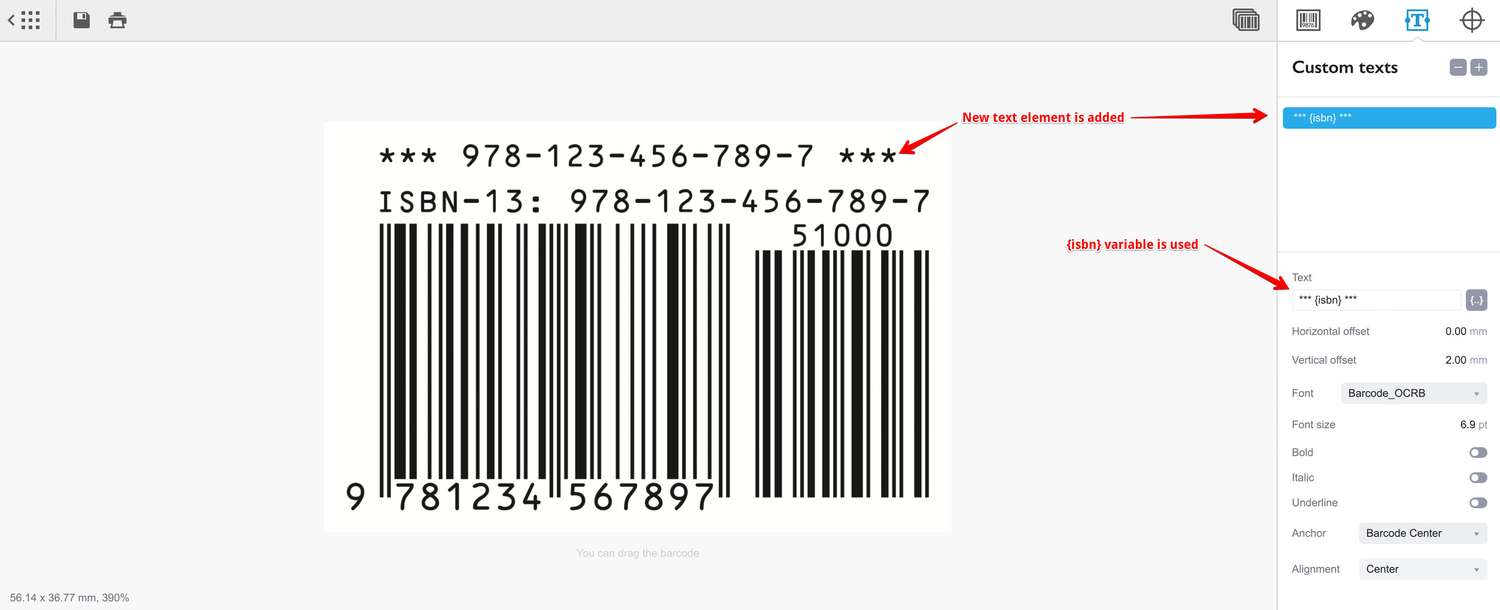 Adding a custom text to ISBN barcode