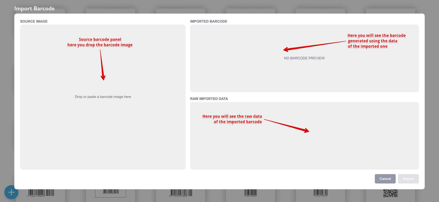Barcode importing panel opened, the barcode is not loaded yet