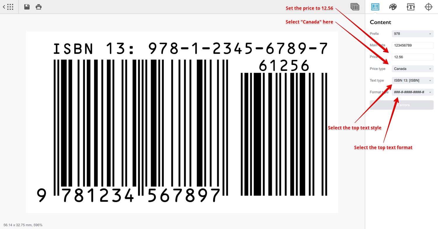 Configuring the ISBN barcode to display the Canadian price and ISBN text on top