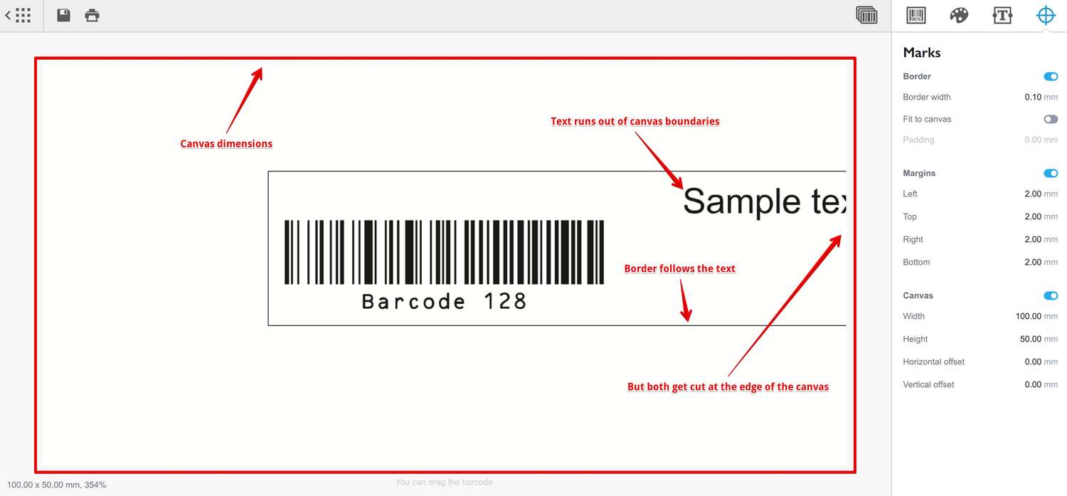 Custom text element running out, barcode and margins constrained by the canvas size
