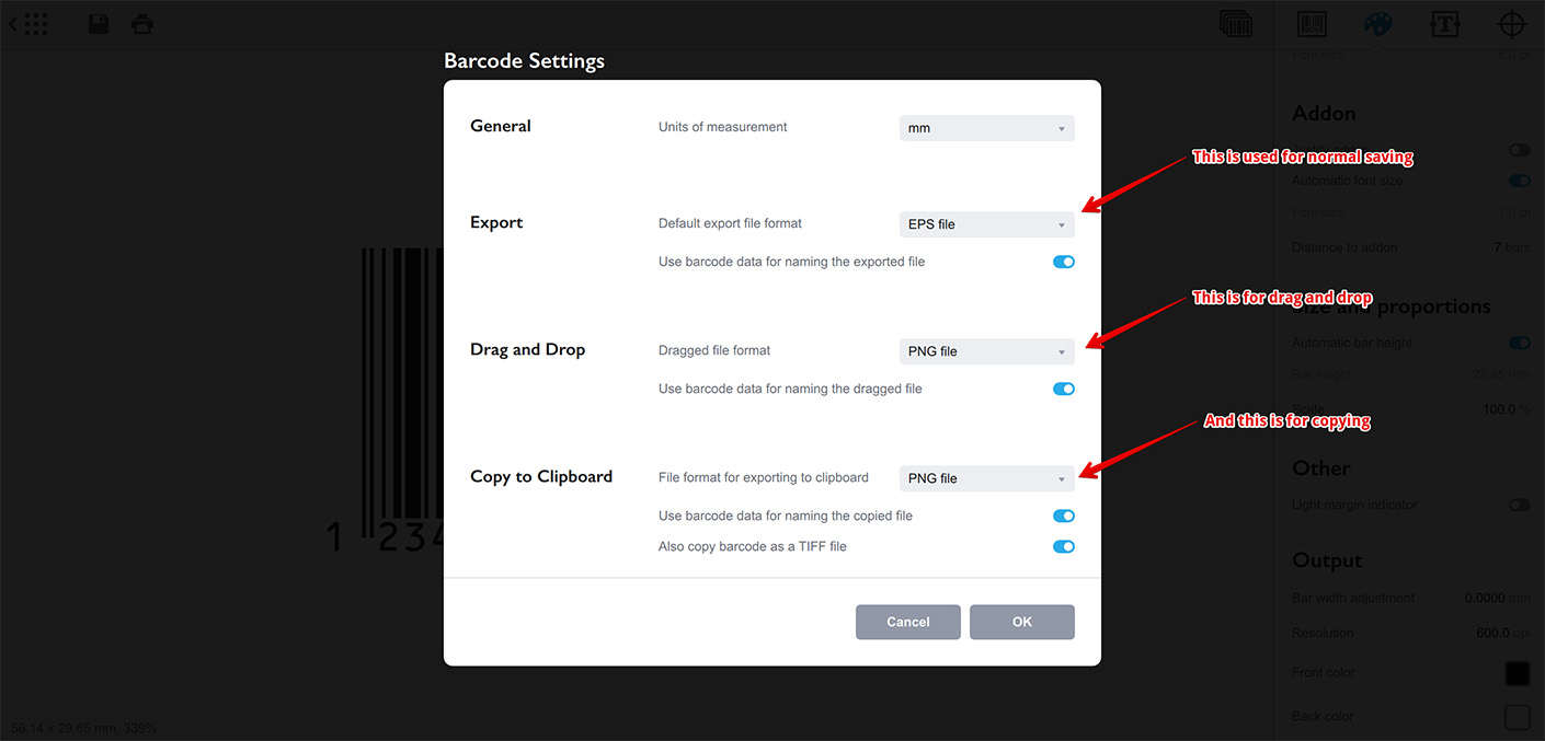 Adjusting barcode exporting options