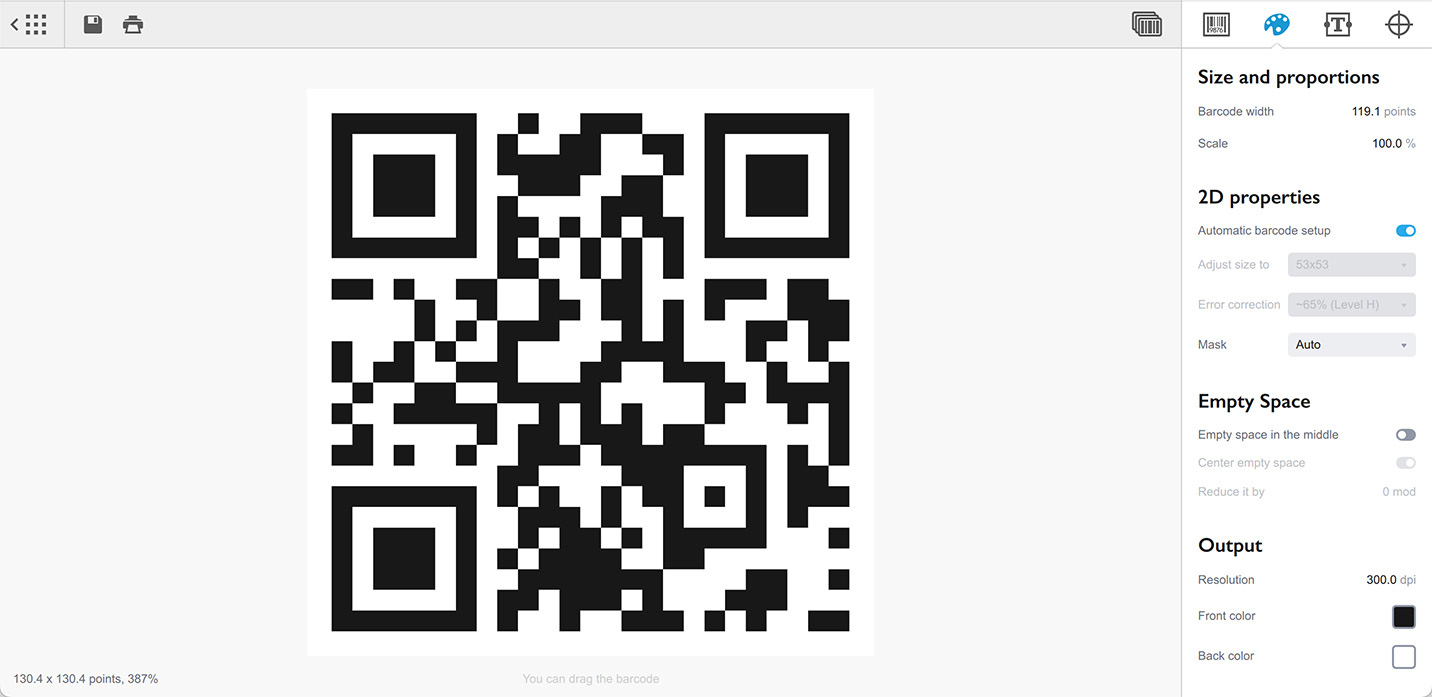 QR code parameters panel