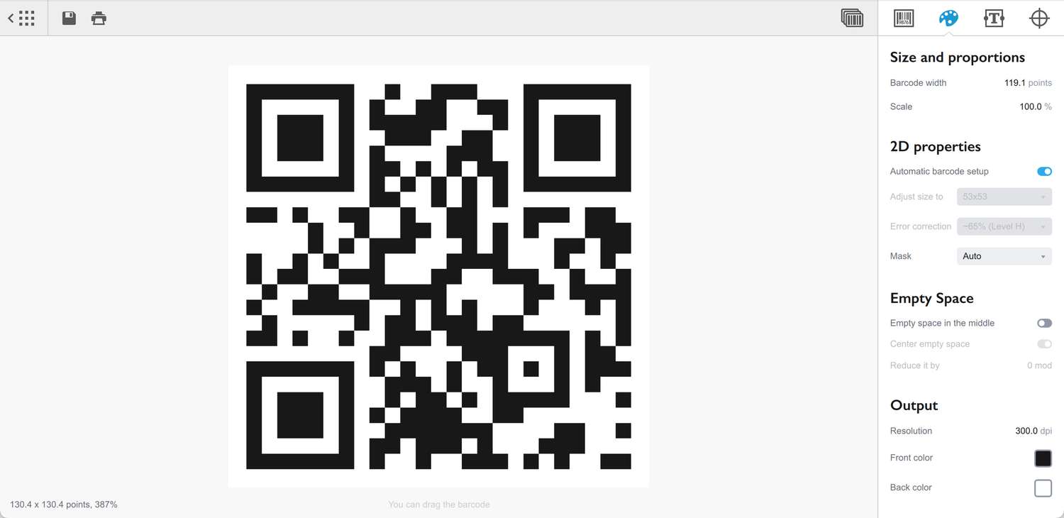 QR code parameters panel