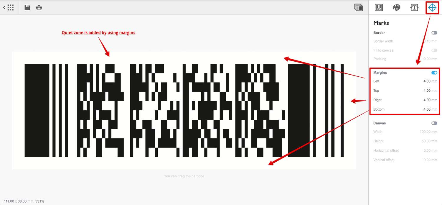 Adding quiet zone around PDF-417 barcode using margins