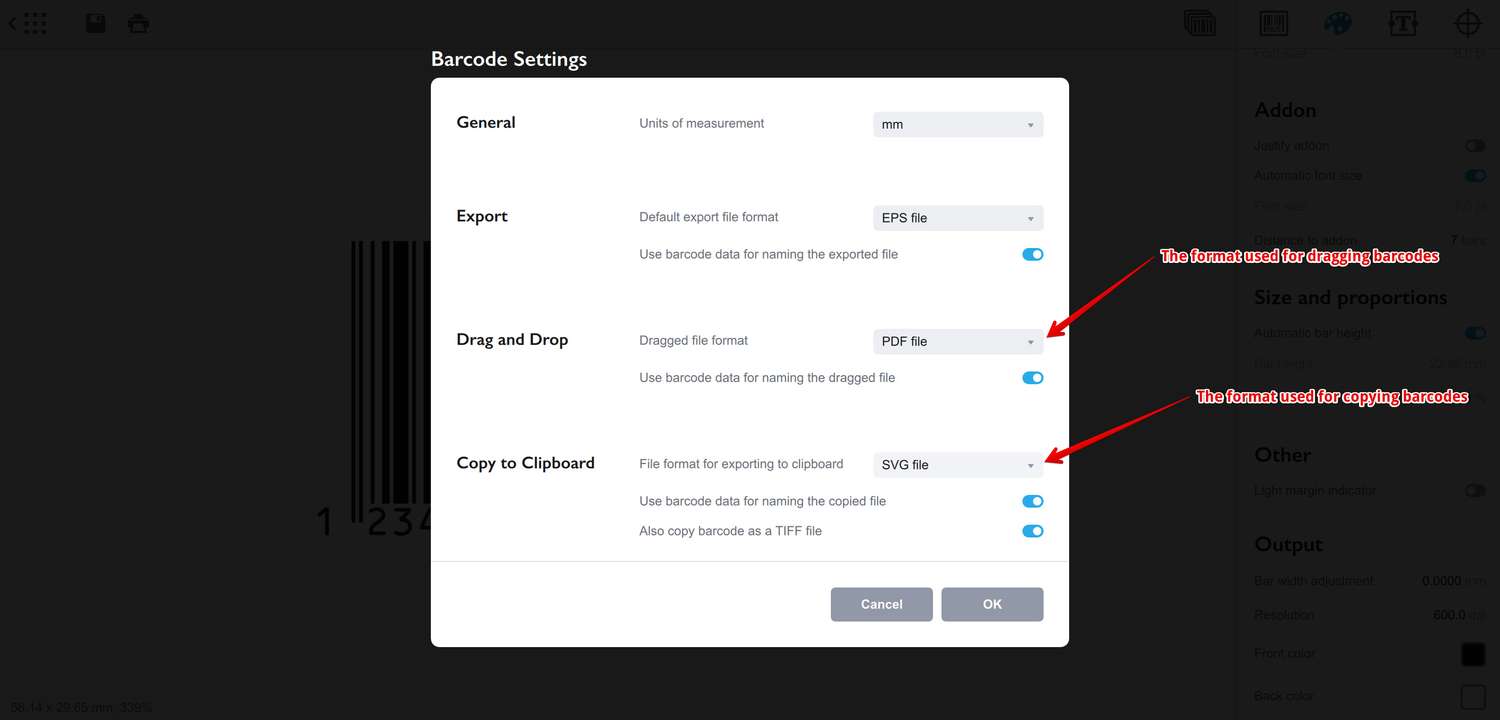 Configuring vector barcode exporting options
