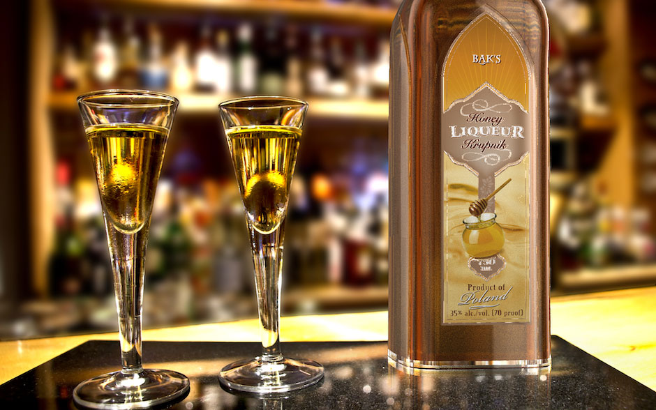 3D liquor bottle rendering with some objects at background