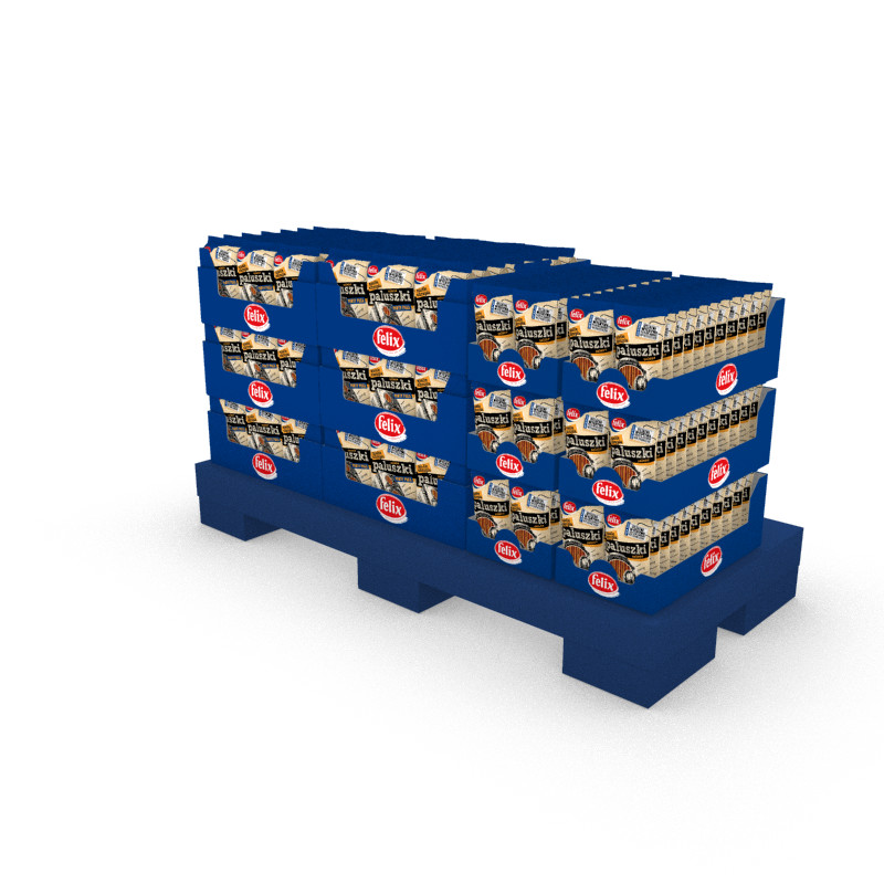 A palett with cardboard boxes and flexible bags.