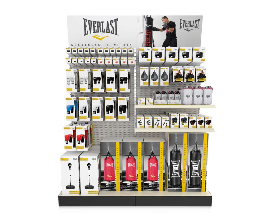 Sport inventory stand mockup with shelves and boxes