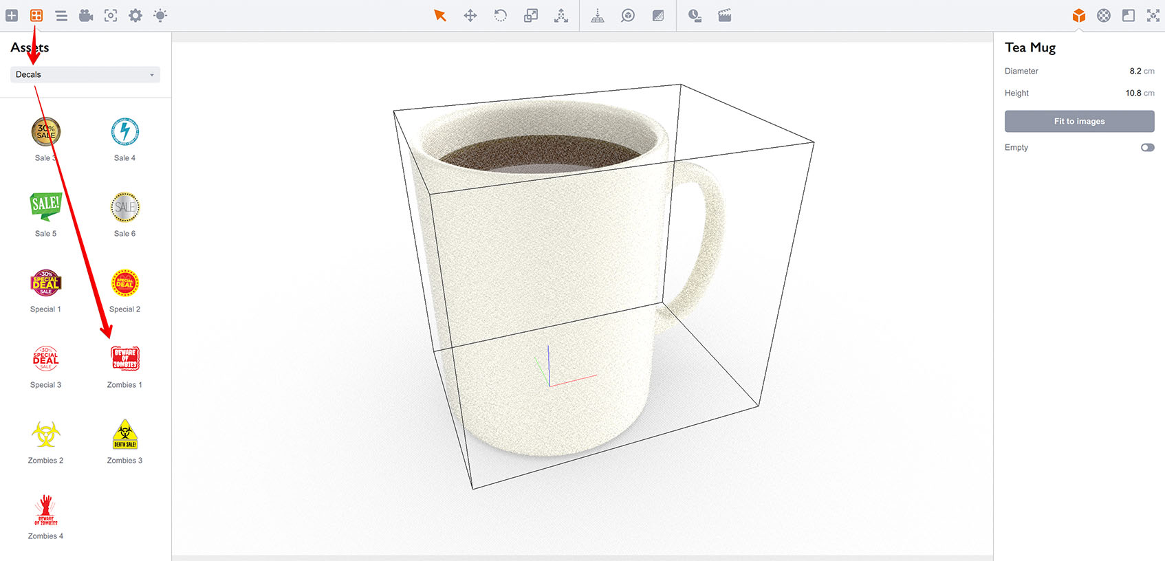 Selecting one of the built-in decals in Boxshot