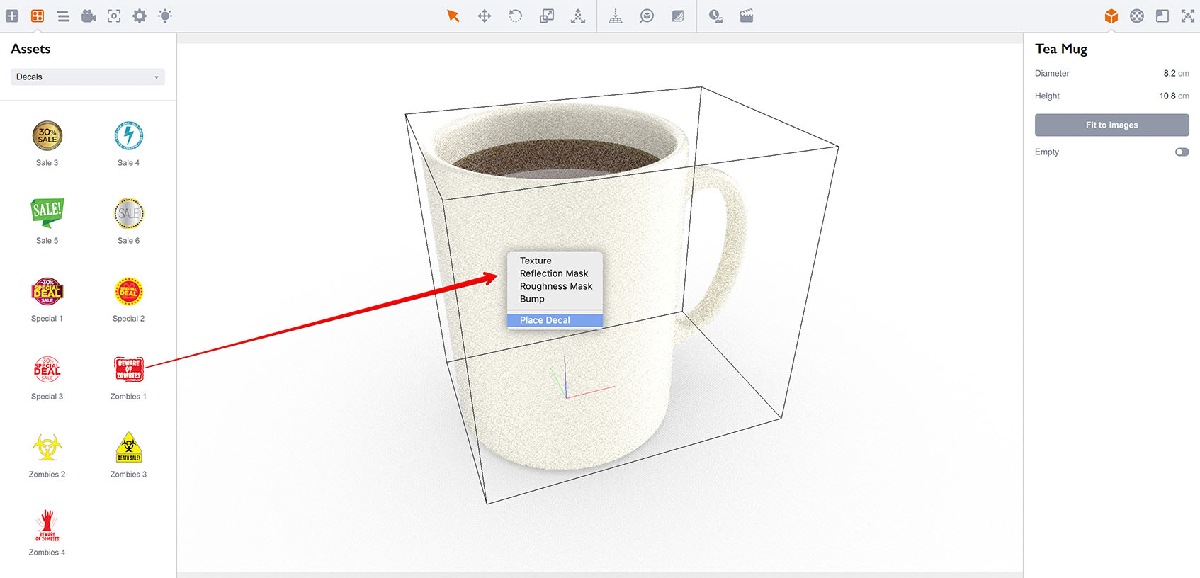 Dragging the decal onto the shape, a popup menu is displayed