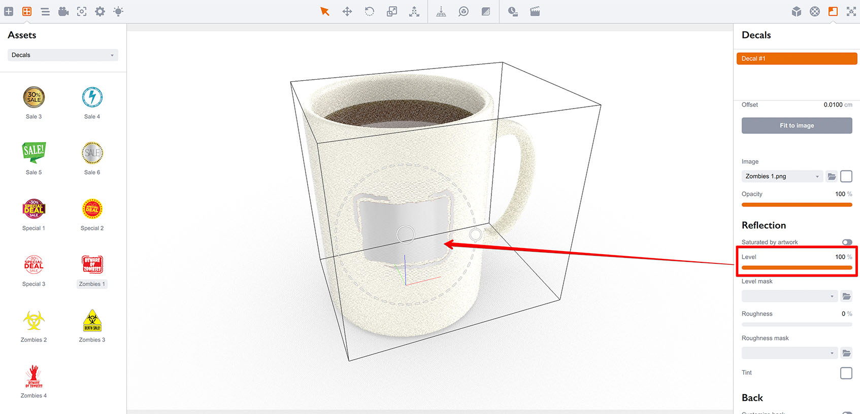 Adjusting the reflection level of decal