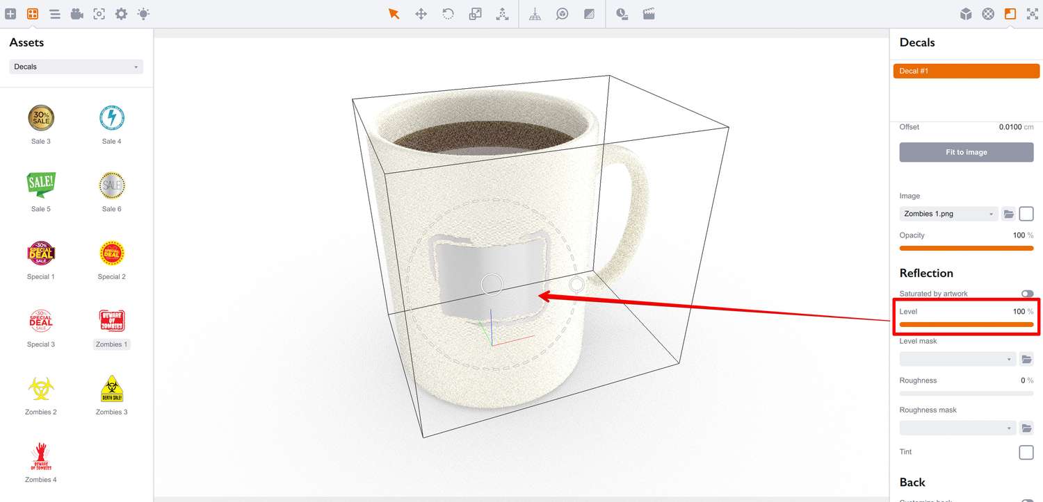 Adjusting the reflection level of decal