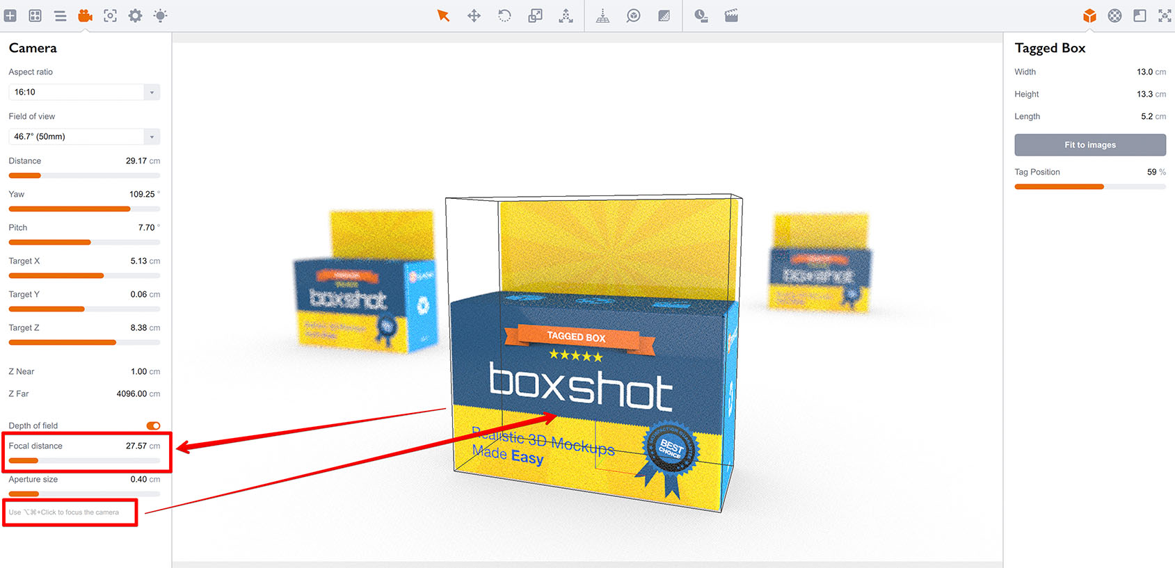Focusing the depth of field on the front box