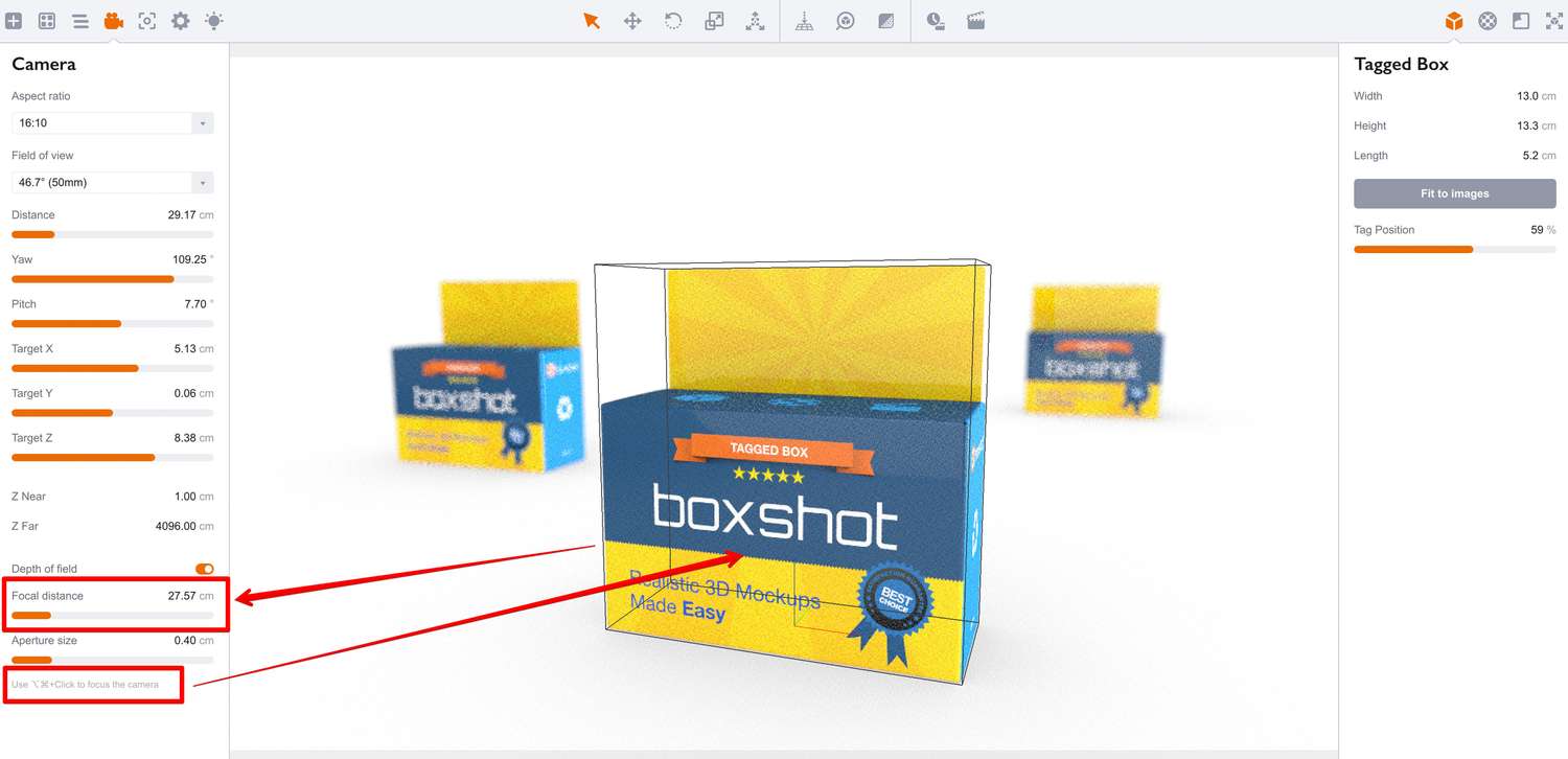 Focusing the depth of field on the front box