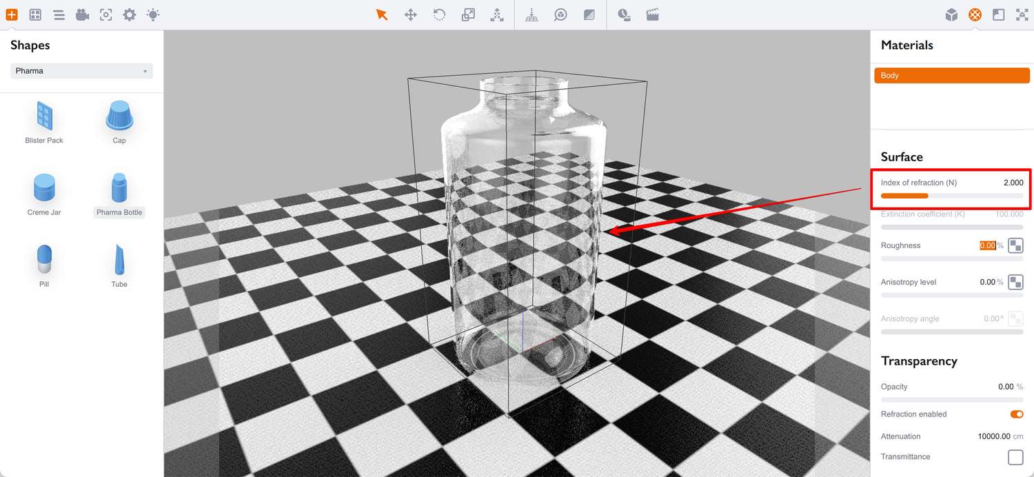 Bottle material with index of refraction set to 2