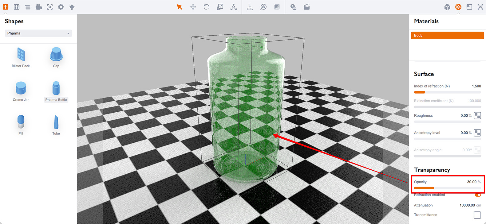30% transparent bottle with green diffuse color