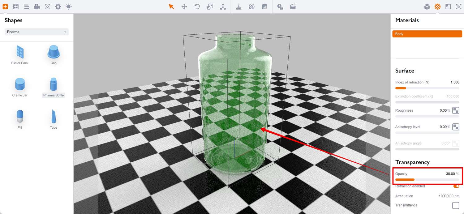 30% transparent bottle with green diffuse color