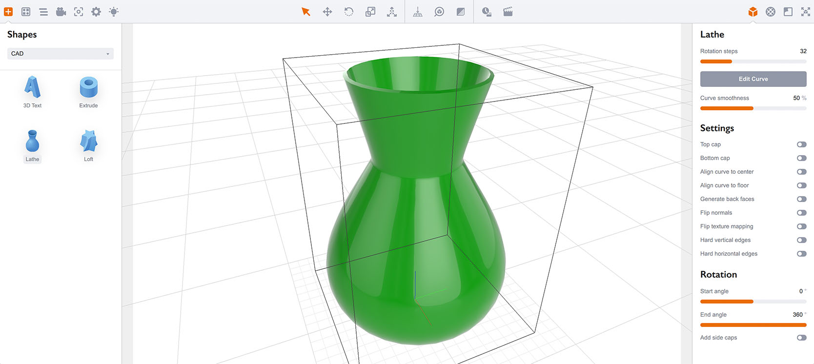 Lathe object parameters on the right