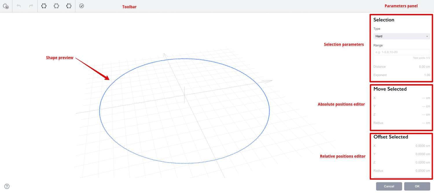 Starting the shape editor for the circle shape