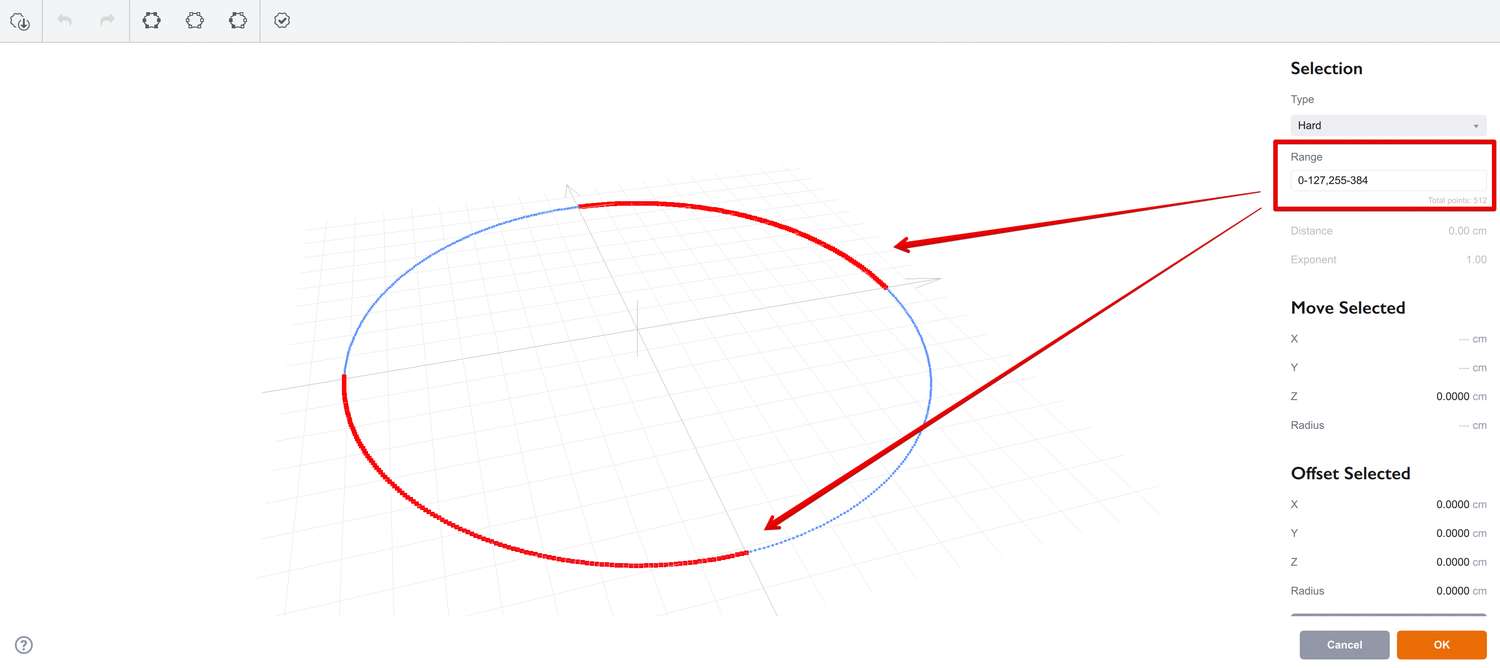 Range-based selection in the shapes editor