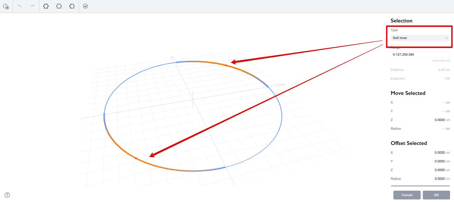 Soft inner selection in the shape editor