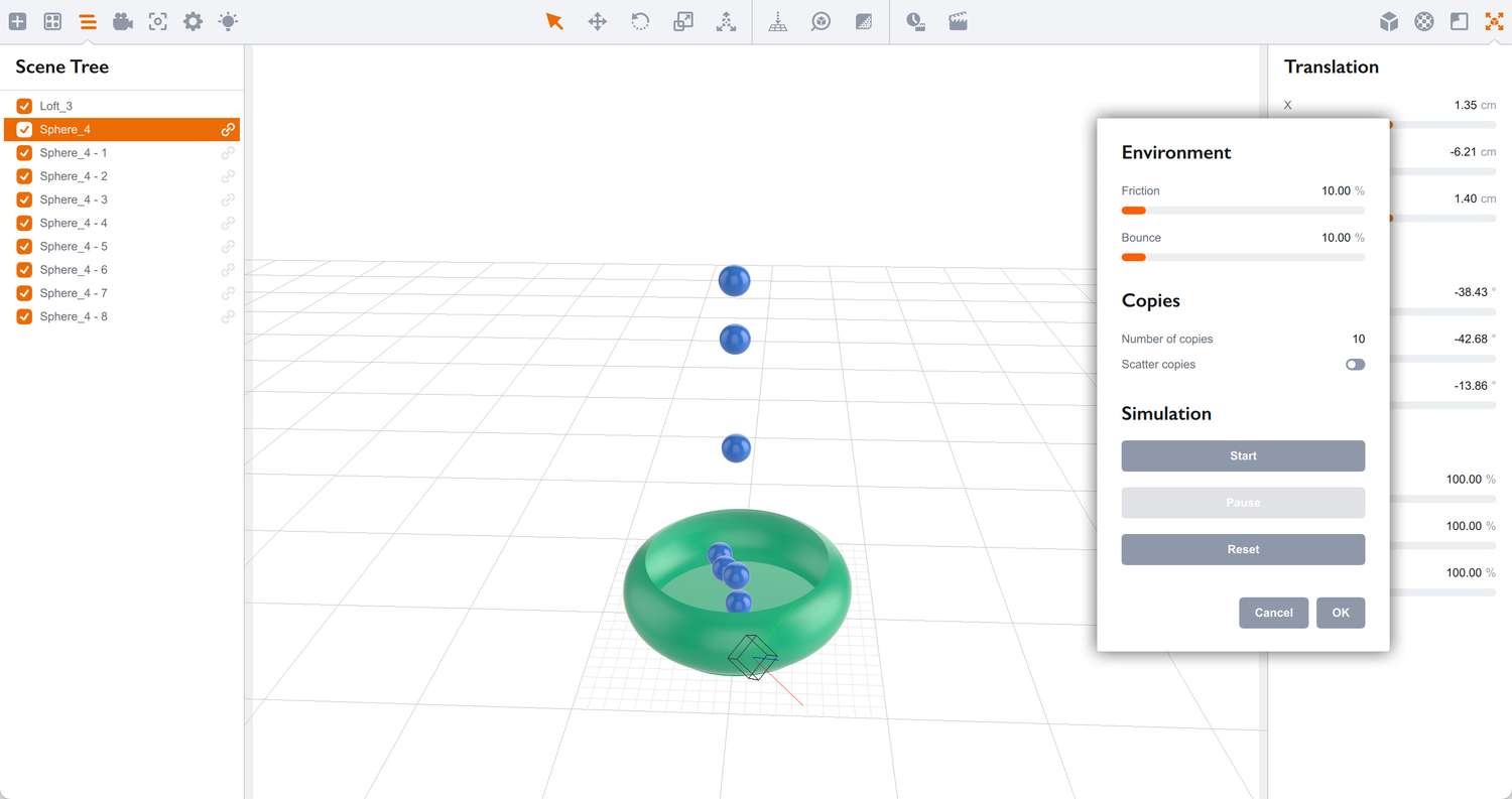 Paused simulation of 10 falling balls