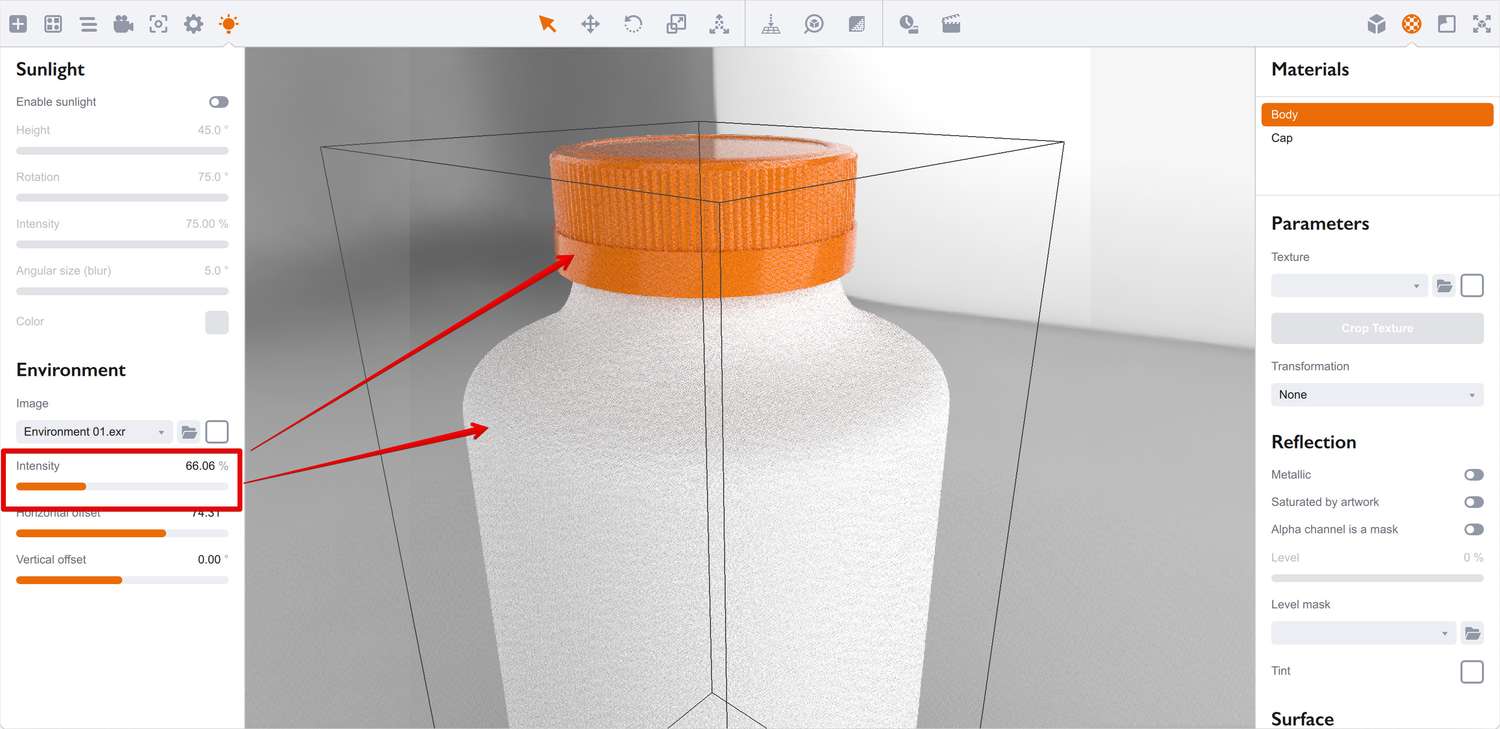 Making a bottle not so white with environment intensity in Boxshot