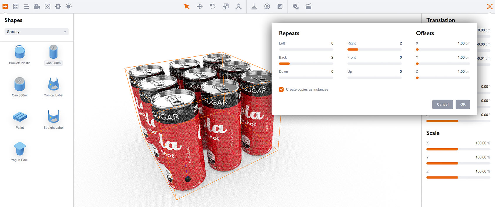 Boxshot Step and Repeat tool user interface