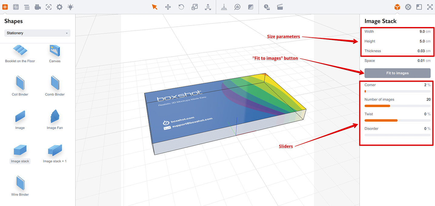 Boxshot shape properties panel